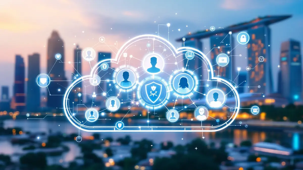 Interconnected digital profiles people machines cloud shield singapore cityscape