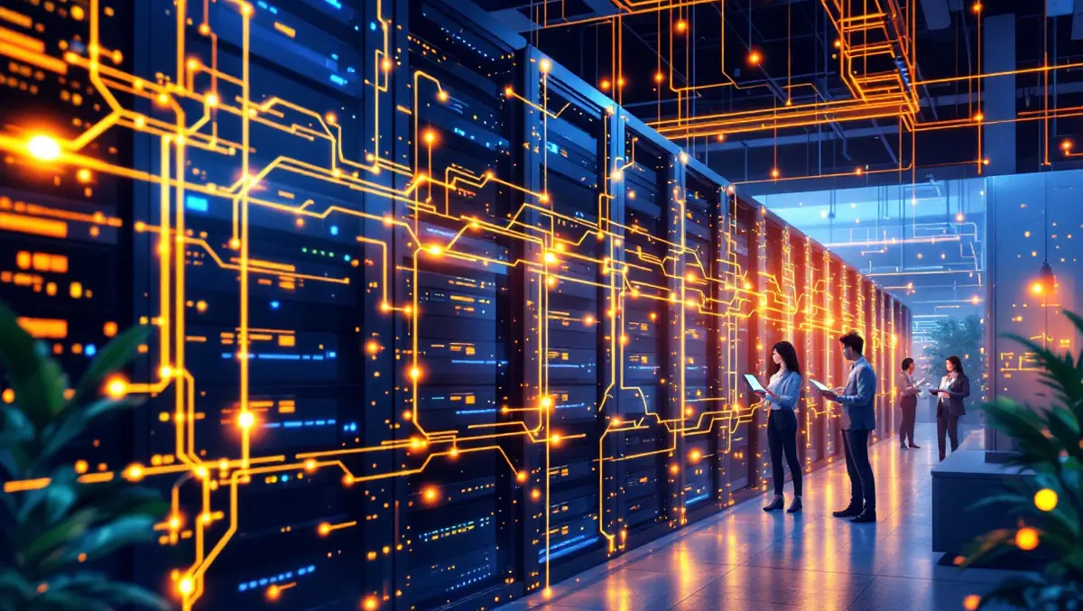 Modern data servers storage racks glowing data lines efficient data management asian business professionals office