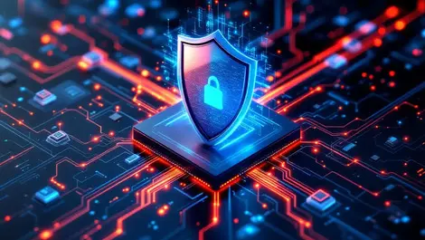 Fortified digital shield surrounded by interconnected data streams network nodes cyber defense