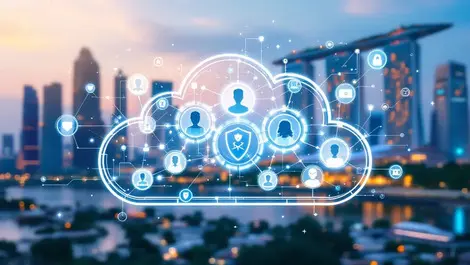 Interconnected digital profiles people machines cloud shield singapore cityscape