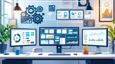 Modern office workspace computer screens automation workflows flowcharts analytics ai