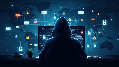 Realistic hooded figure computer email icons digital locks phishing cyber threats