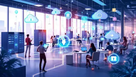 Stylized graphic interconnected data servers cloud icons flowing lines modern office