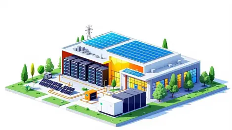 Modern data center solar panels battery storage clean energy landscape