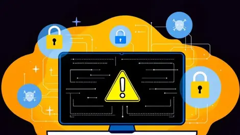 Computer warning symbol screen digital locks malware icons cyber threats security