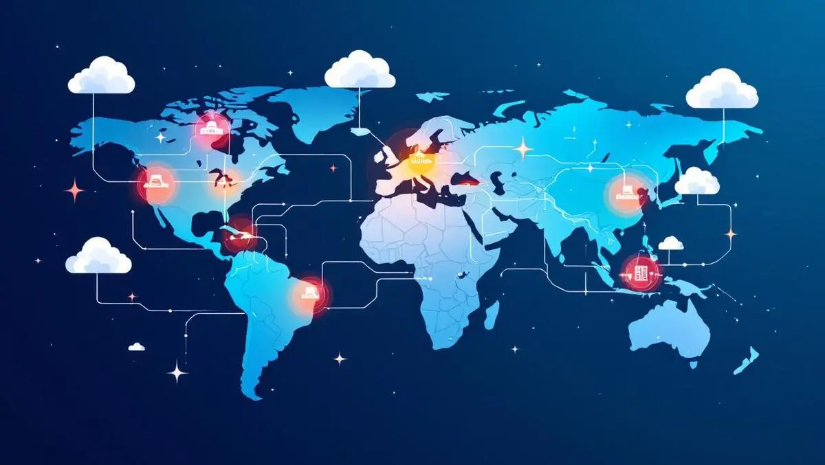 Global cloud servers network data streams linking london melbourne sydney frankfurt mumbai tokyo osaka