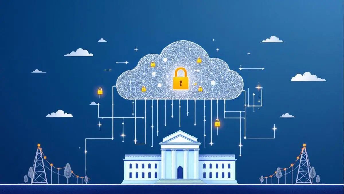 Secure data cloud above government building with digital padlocks and data flows