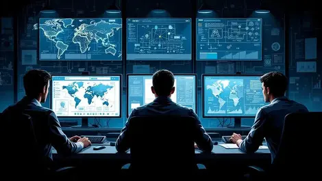 Anxious security professionals working late monitoring network diagrams