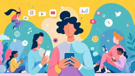 Colorful illustration people using smartphones ai apps short videos digital elements