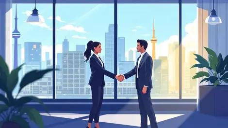 Business professionals shaking hands toronto skyline tech startups investors