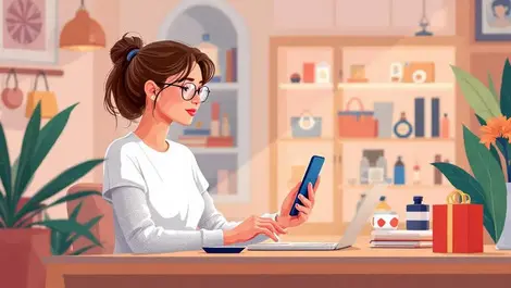 Modern british shopper using laptop smartphone luxury products digital assistant