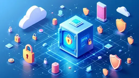 Secure data vault digital locks shield icons cloud networks security barriers