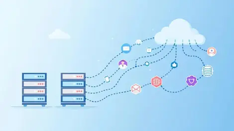 Enterprise data migration to cloud servers to cloud icons modern illustration