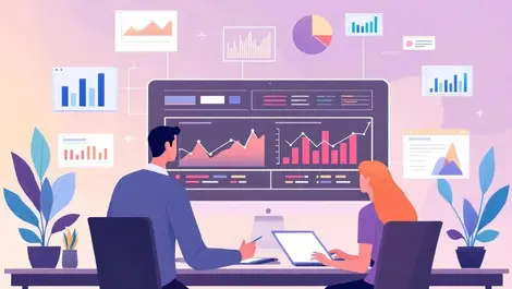 Small business owners working with digital financial charts graphs