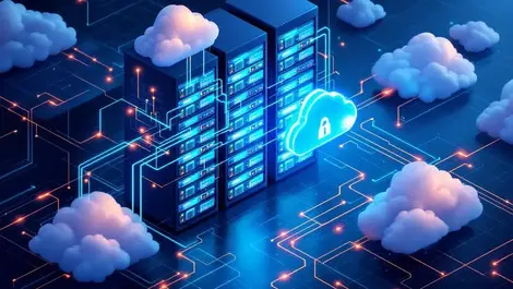 Detailed secure data center server racks ai integration glowing connections cloud automation stability