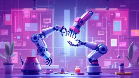 Robotic arm constructing another arm digital lab self replicating ai concept