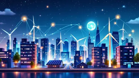 Modern city skyline with solar panels wind turbines smart meters energy flow