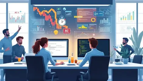 Uk office professionals collaborating computers code ai graphics digital charts