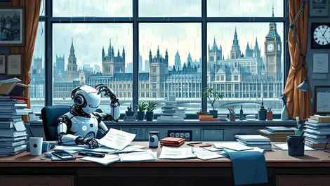 British office frustrated workers paperwork tangled tools futuristic robot rainy uk cityscape