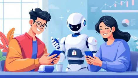 Cheerful asian customers using smartphones digital banking friendly robot assistant modern fintech