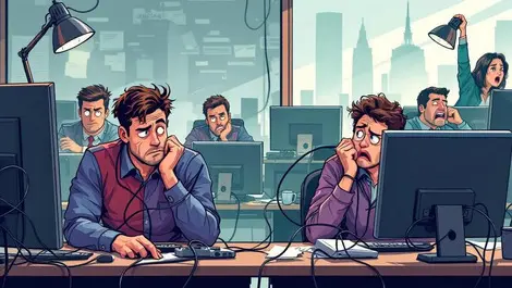 Frustrated american frontline workers struggling with outdated computers and tangled cords