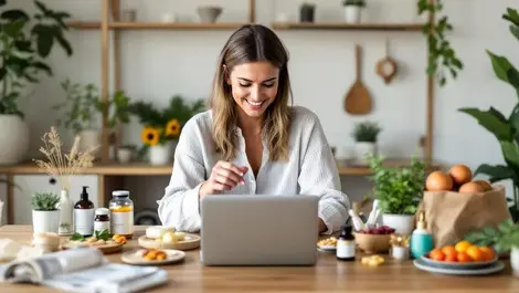 Australian woman online shopping wellness vitamins skincare home