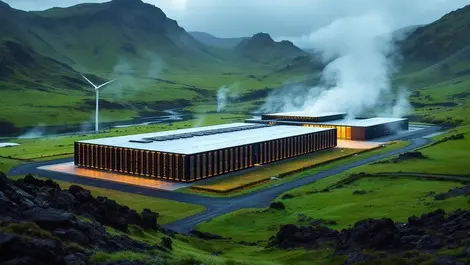 Modern iceland data center clean energy geothermal steam servers green landscape
