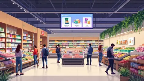 Modern uk supermarket interior digital screens personalized product suggestions