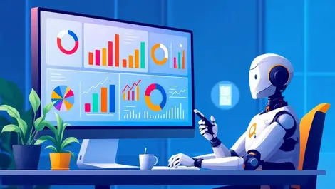 Business professional analyzing colorful data charts robot assistant ai procurement