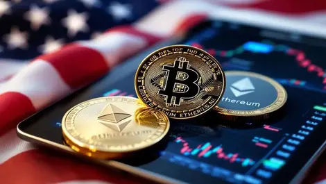 Realistic bitcoin ethereum coins on tablet financial charts american flag