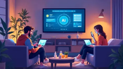 Realistic illustration americans using laptops smartphones ai interfaces cozy home