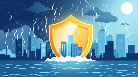Shield protecting cityscape from thunderstorms floods financial risk