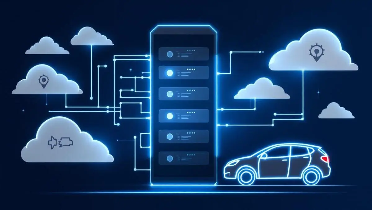 Server rack glowing connections clouds car integration cloud computing automotive tech