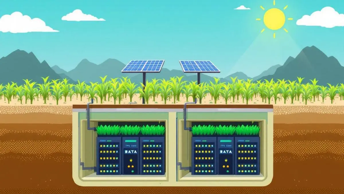 Underground data centers beneath crops with solar panels and sunlight