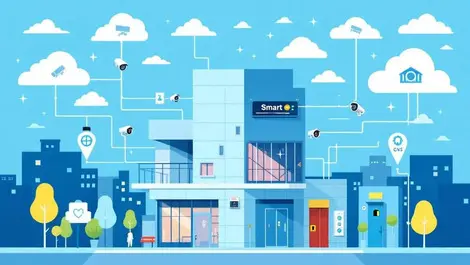 Modern smart building security cameras sensors biometric access cloud network