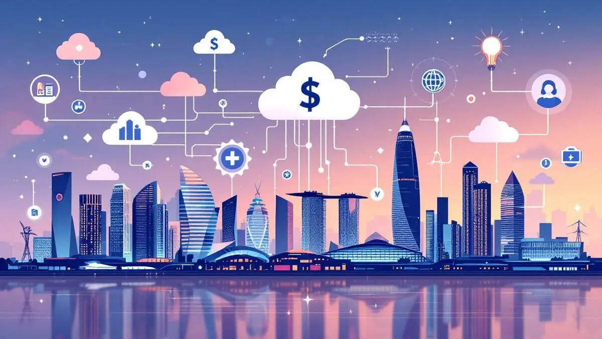 Modern singapore cityscape ai neural network cloud icons finance healthcare business