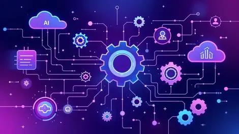 Interconnected gears circuit lines cloud icons workplace ai automation systems