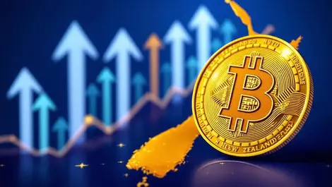 Golden bitcoin symbol on new zealand map with upward arrows for growth