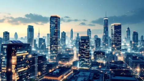 Modern city skyline smart buildings energy efficient infrastructure dusk view