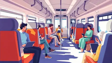 Modern train interior comfortable seating passengers using laptops mobile devices
