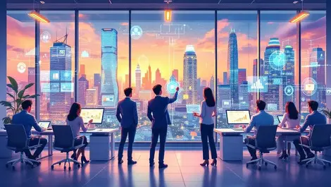 Southeast asian businesspeople ai digital interfaces modern office cityscape
