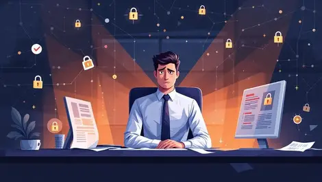 Worried business professional surrounded by digital threats cybersecurity alerts