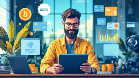 Confident business owner reviewing financial graphs digital tablet modern office