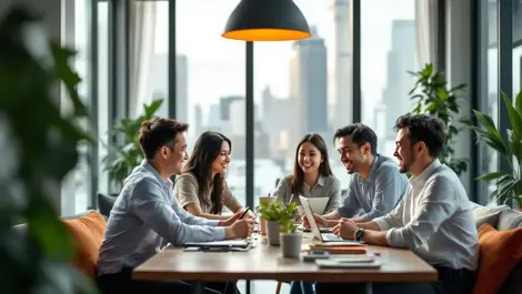 Modern apac highrise office collaboration happy team culture