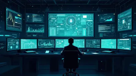 Night cyber ops room ai testing monitors threat alerts vigilance