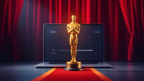 Gold oscar statuette red carpet to laptop streaming progress bar