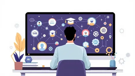 Office worker laptop viewing interconnected elearning courses ai skills