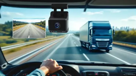 Delivery truck highway with dashcam view of driver and road