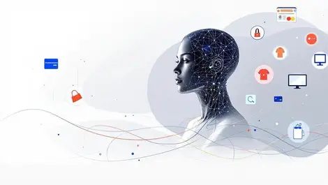 Ai shopping assistant data silhouette with floating ecommerce icons