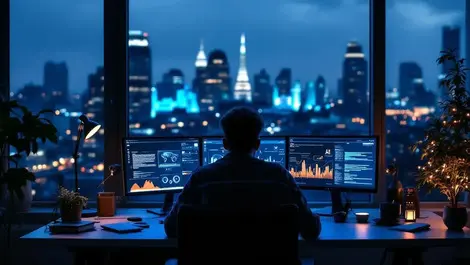 Young uk entrepreneur night home office ai data london skyline